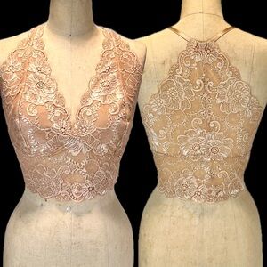 BKE lace bralette bra cropped tank top halter layer sparkle shiny beige y2k XL